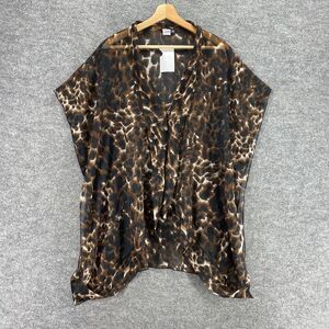 New Highness Blouse Women One Size Black Animal Print V-Neck Short Sleeve Sheer